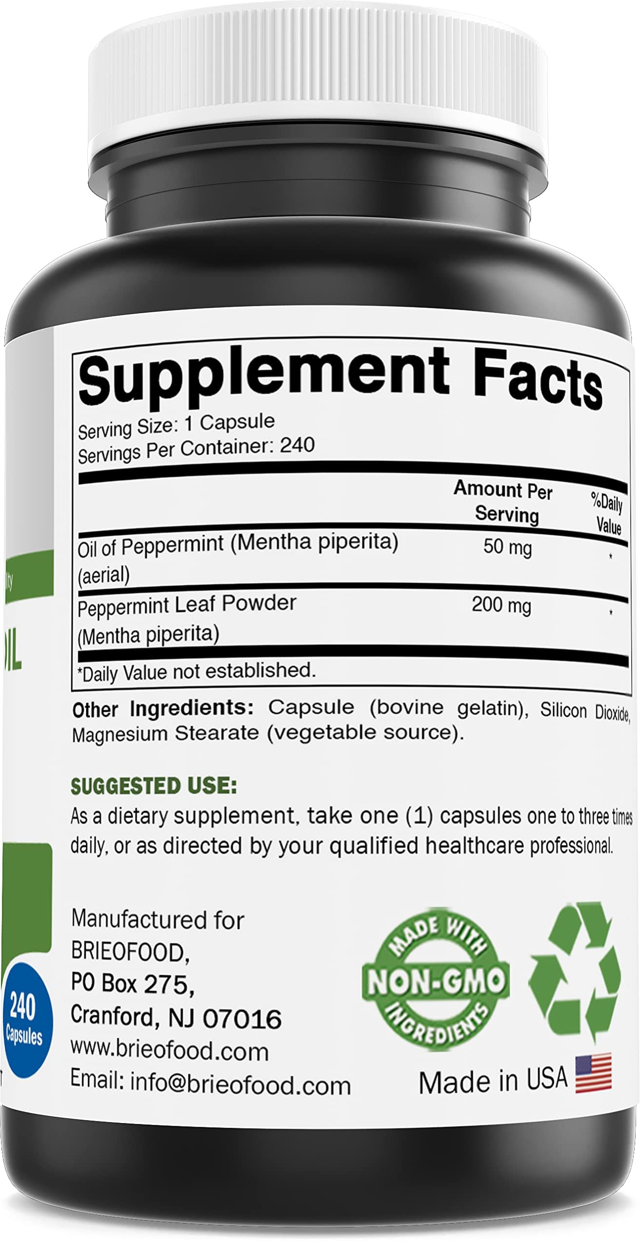 Brieofood Peppermint Oil Complex 250 mg Capsules, 240 Count