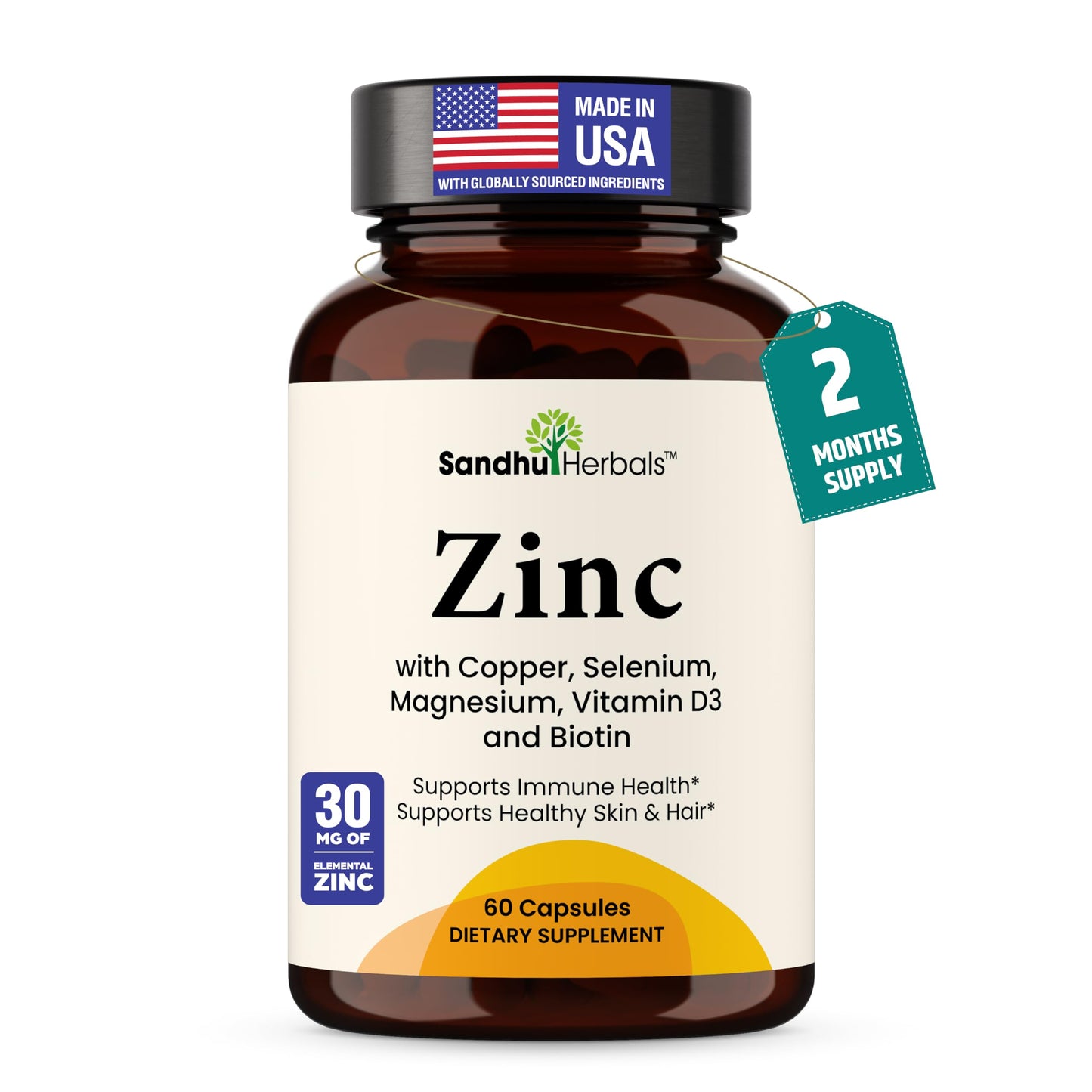 SANDHUHERBALS Zinc 30mg Chelated Supplement with Copper, Selenium & Vitamin D3, 60 Capsules