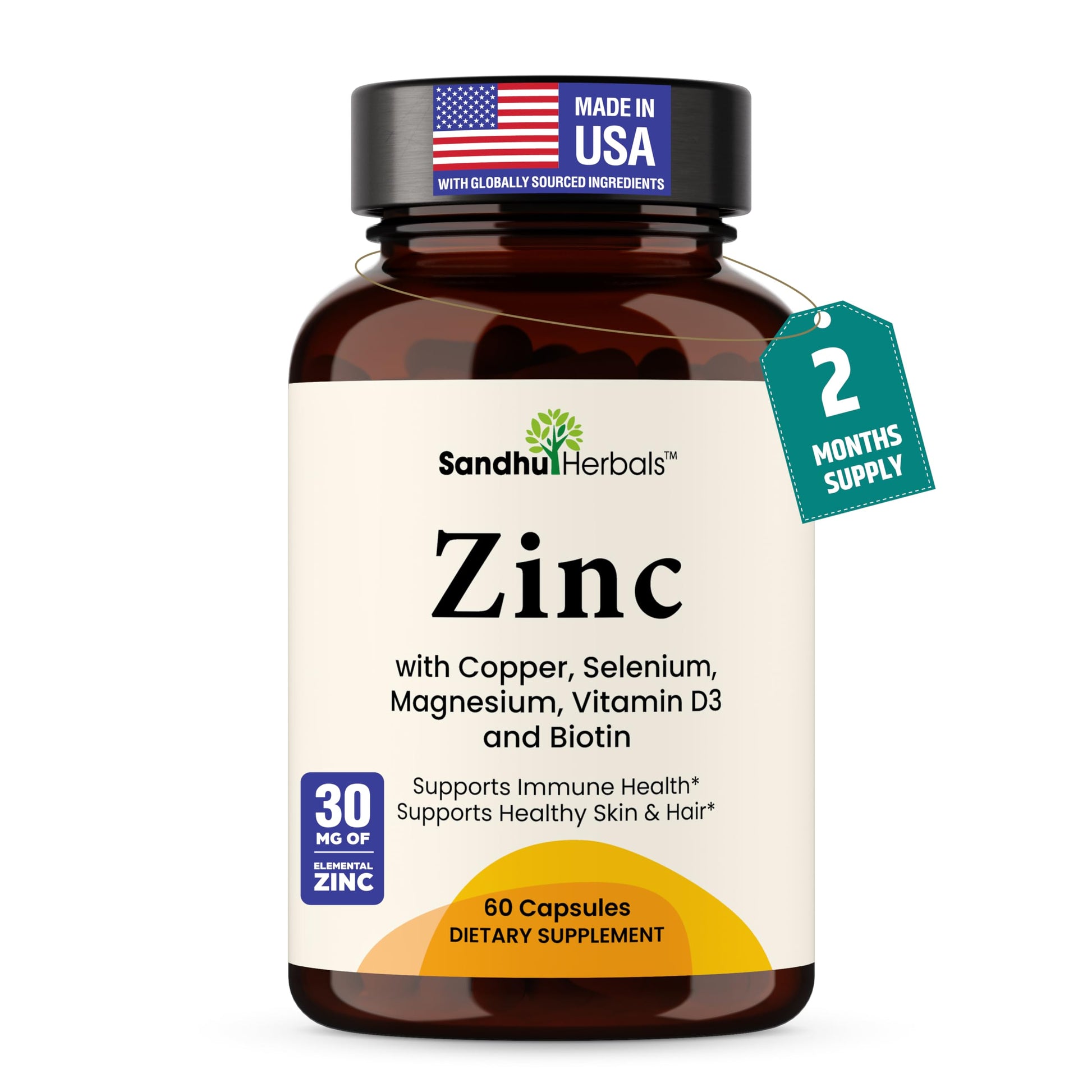 SANDHUHERBALS Zinc 30mg Chelated Supplement with Copper, Selenium & Vitamin D3, 60 Capsules