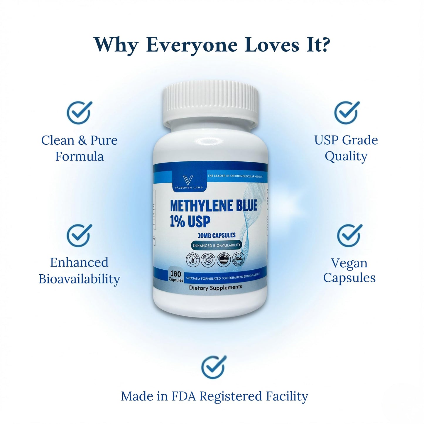 Valboren Labs Methylene Blue 10mg Capsules, 180 Count