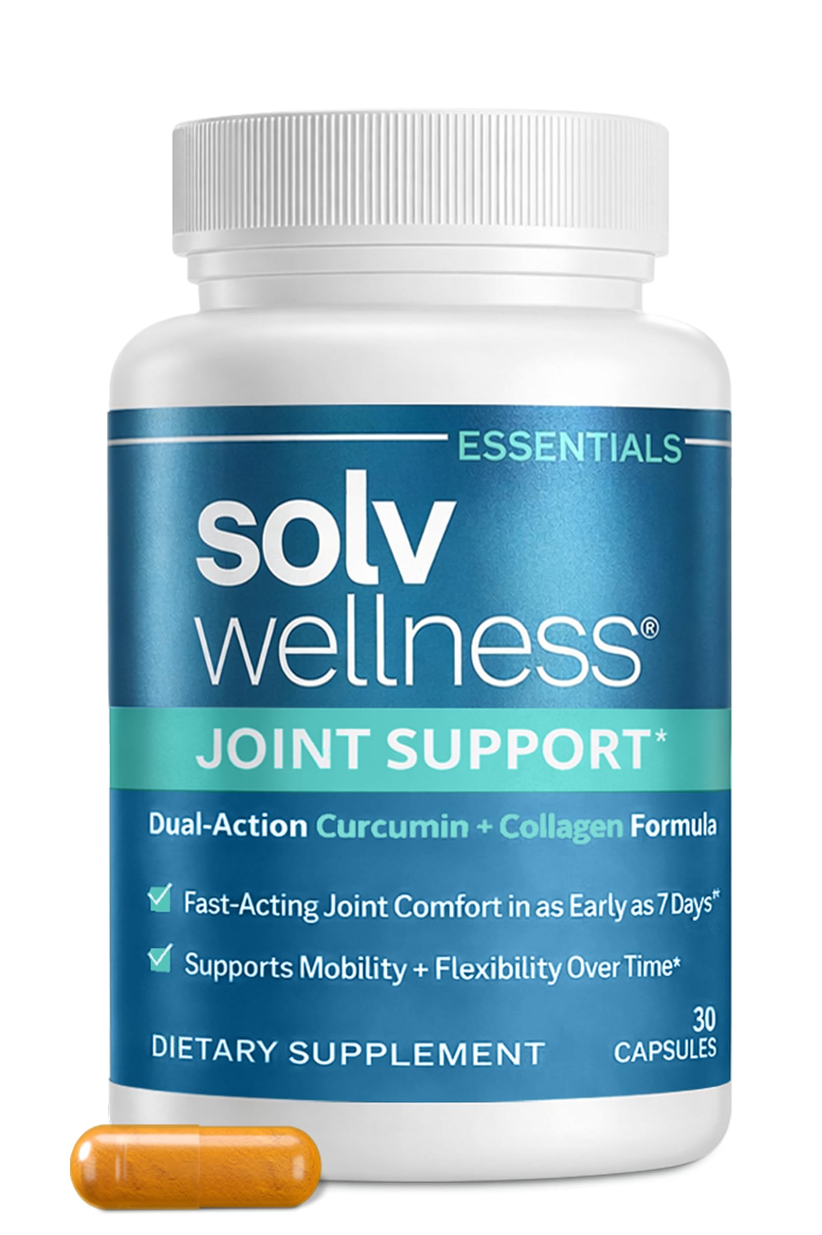 Solv Wellness Joint Support Supplement Capsule, Turmeric Curcumin + Type II Collagen for Joint Comfort, Mobility & Flexibility, 30 Capsules