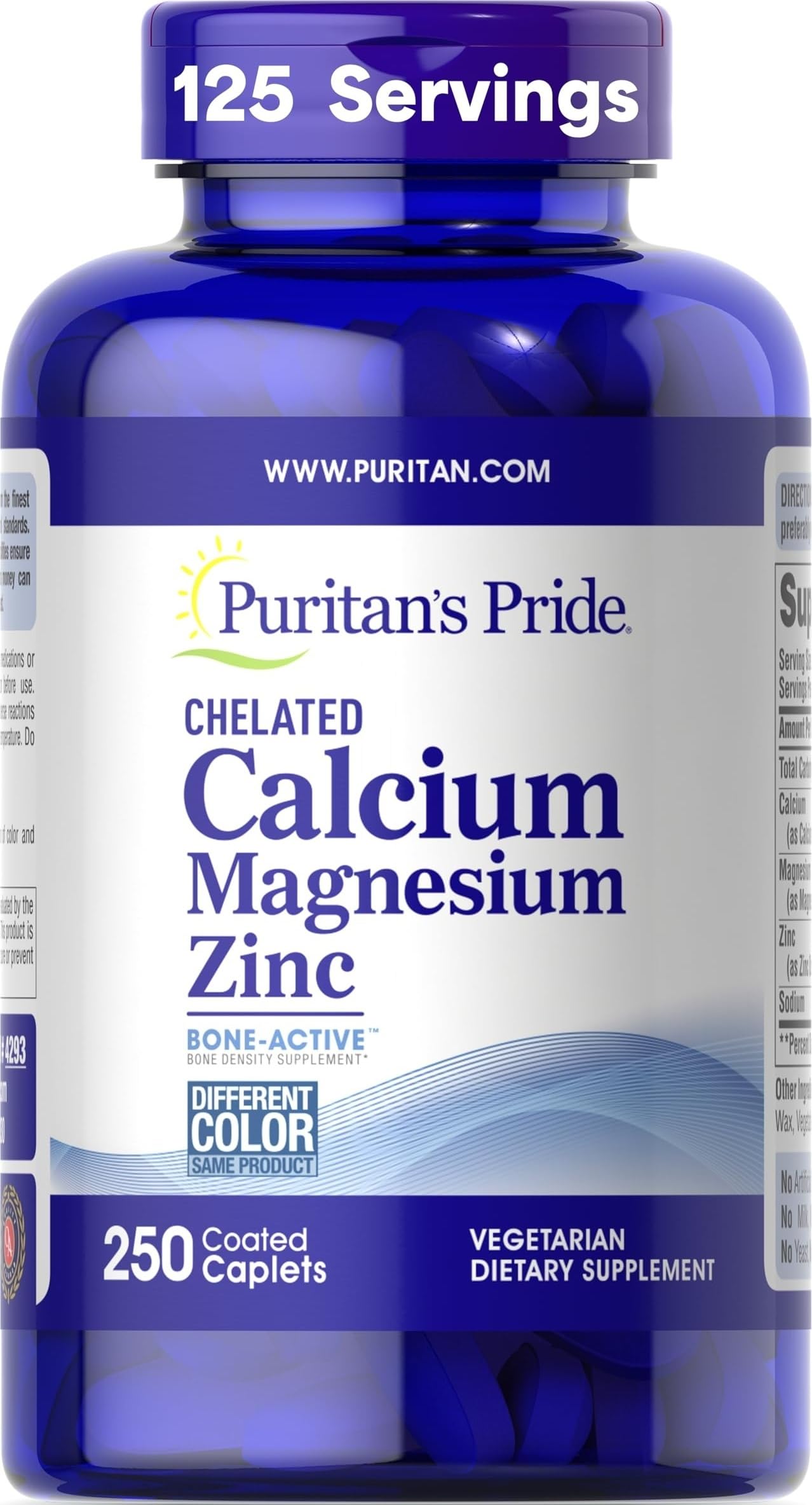 Puritan's Pride Premium Chelated Calcium Magnesium Zinc with Bone-Active Capsules, 250 Count