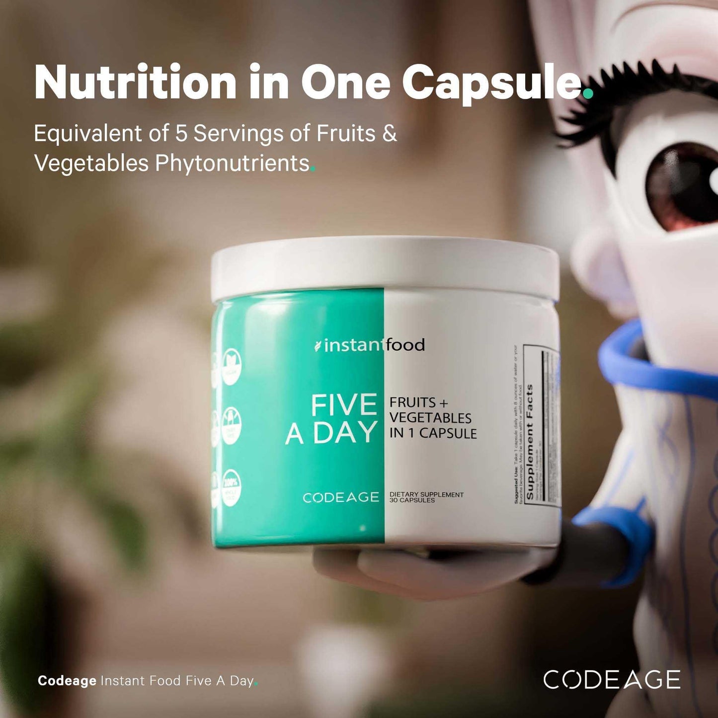 Codeage Instantfood Five A Day Fruits & Vegetables Capsule Supplement, Whole Food Phytonutrients, 15 Fruits and Veggies Blend, Vegan, Non-GMO, 30 Capsules