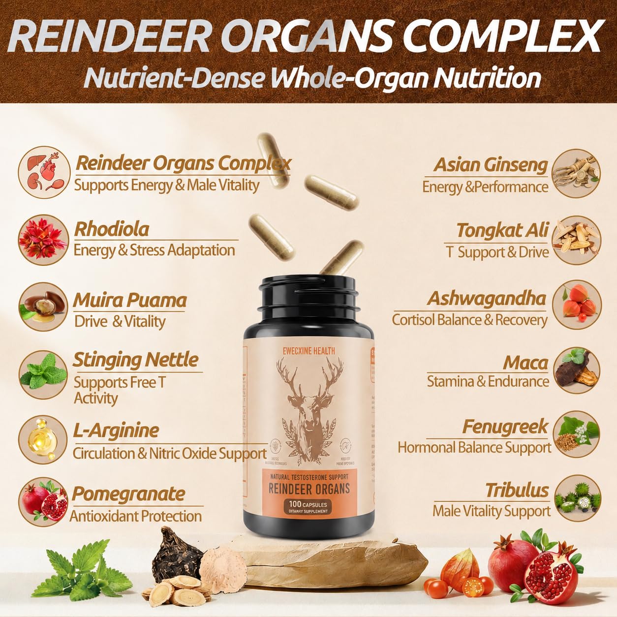 Ewecxine Reindeer Organ Supplement for Men Capsules, 100 Count