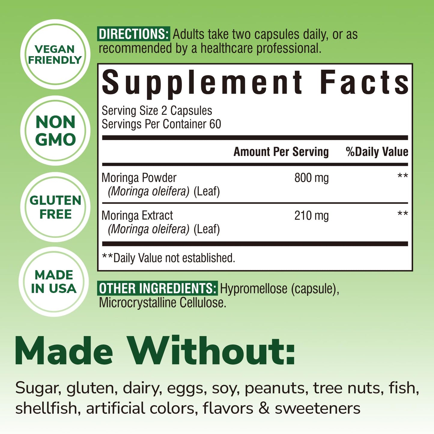 Vitalibre Moringa 1010 mg Maximum Potency Complete Green Superfood Rich in Antioxidants No Gluten & Caffeine Non-GMO Energy Immune Gut & Skin Health 120 Capsules