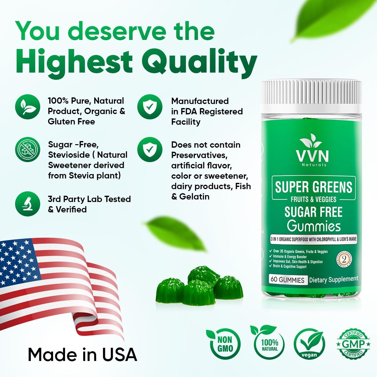 VVN Naturals Sugar-Free Organic Fruits, Greens & Veggies Gummies 60 Gummies