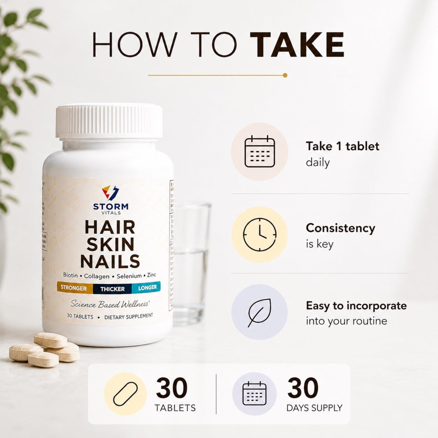 STORM VITALS Hair, Skin & Nails – High-Potency Formula with Biotin, B-Complex, Hyaluronic Acid, Zinc, Selenium & Collagen – 60 Tablets