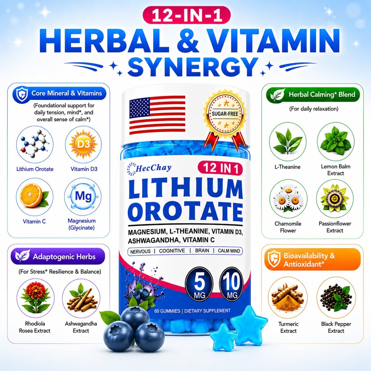 HevChay Lithium Orotate with Ashwagandha & L-Theanine Gummy 120
