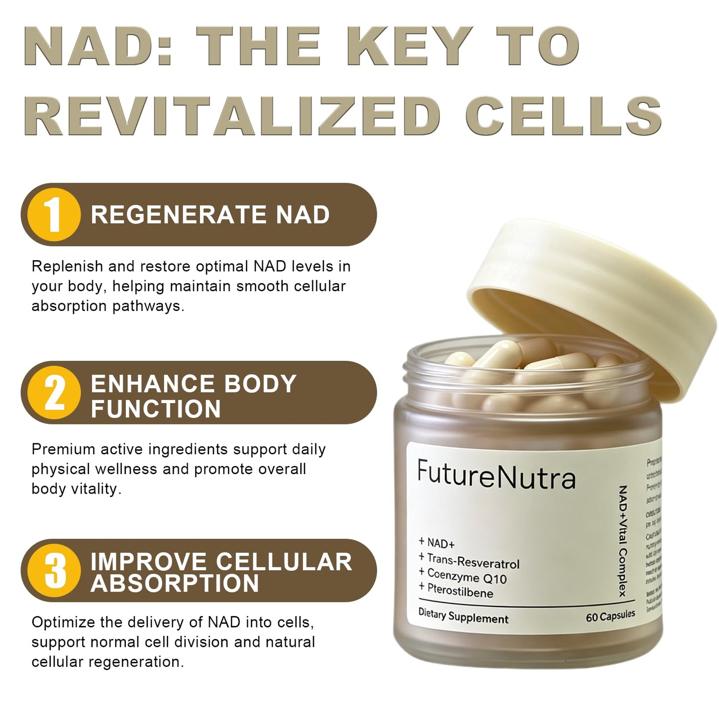 FUTURENUTRA NAD+ Nicotinamide Nucleotide Liposomal NAD Resveratrol Supplement Capsule, 60 Capsules