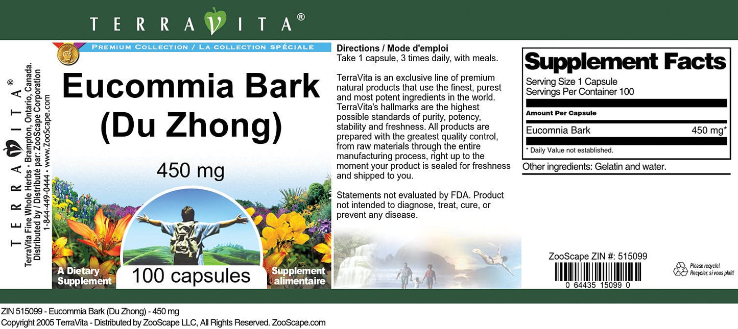 Terravita Eucommia Bark (Du Zhong) - 450 mg Capsules, 100 Count