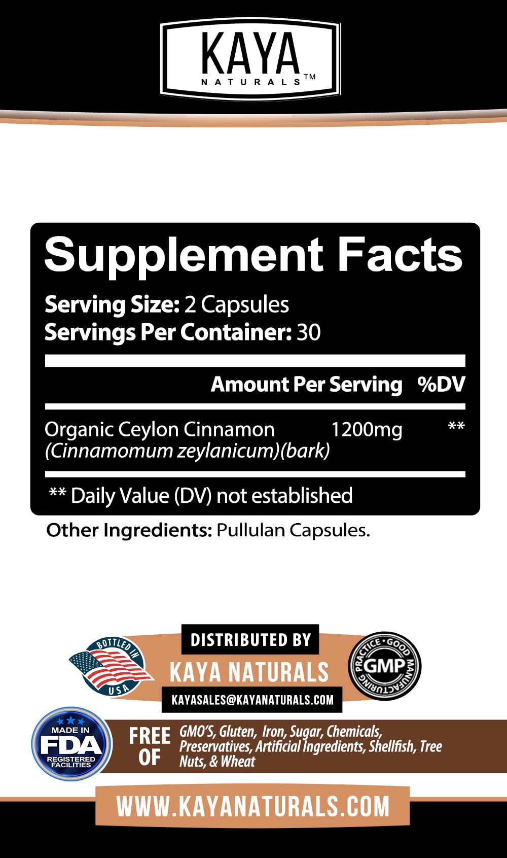Kaya Naturals Organic Ceylon Cinnamon Supplement 1200mg per Serving, 60 Capsules