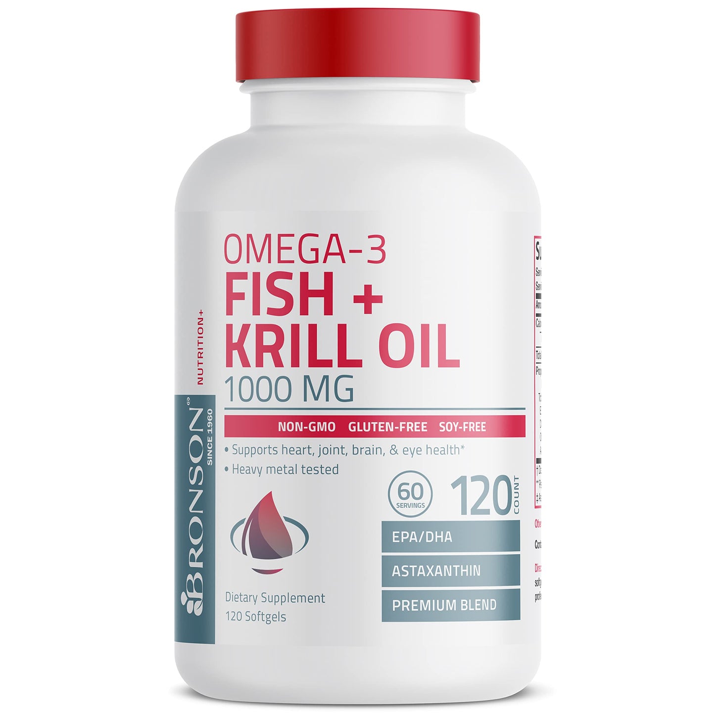 Bronson Omega-3 Fish + Krill Oil 1000 mg EPA DHA Astaxanthin Premium Blend Softgels, 120