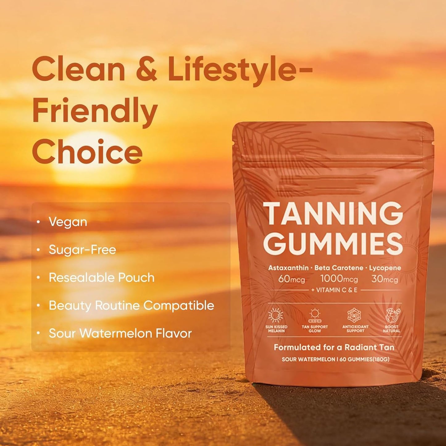 Qbustv Natural Tanning Gummies with Vitamin C & E, Astaxanthin & Beta Carotene for Radiant Glow & Hydration, Non-GMO, Vegan, Sugar-Free, 60 Count
