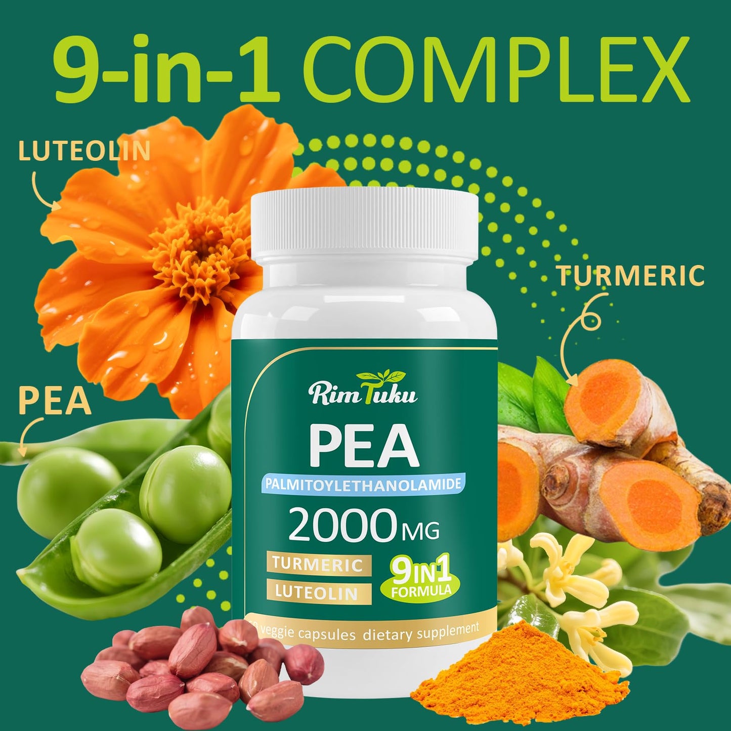 RimTuku Liposomal Palmitoylethanolamide 2000mg + Luteolin 200mg + Turmeric 200mg & Fisetin 100mg, Micronized Pea 99% Highly Purified Enhanced Absorption Pea Supplement Capsules, 240 Count