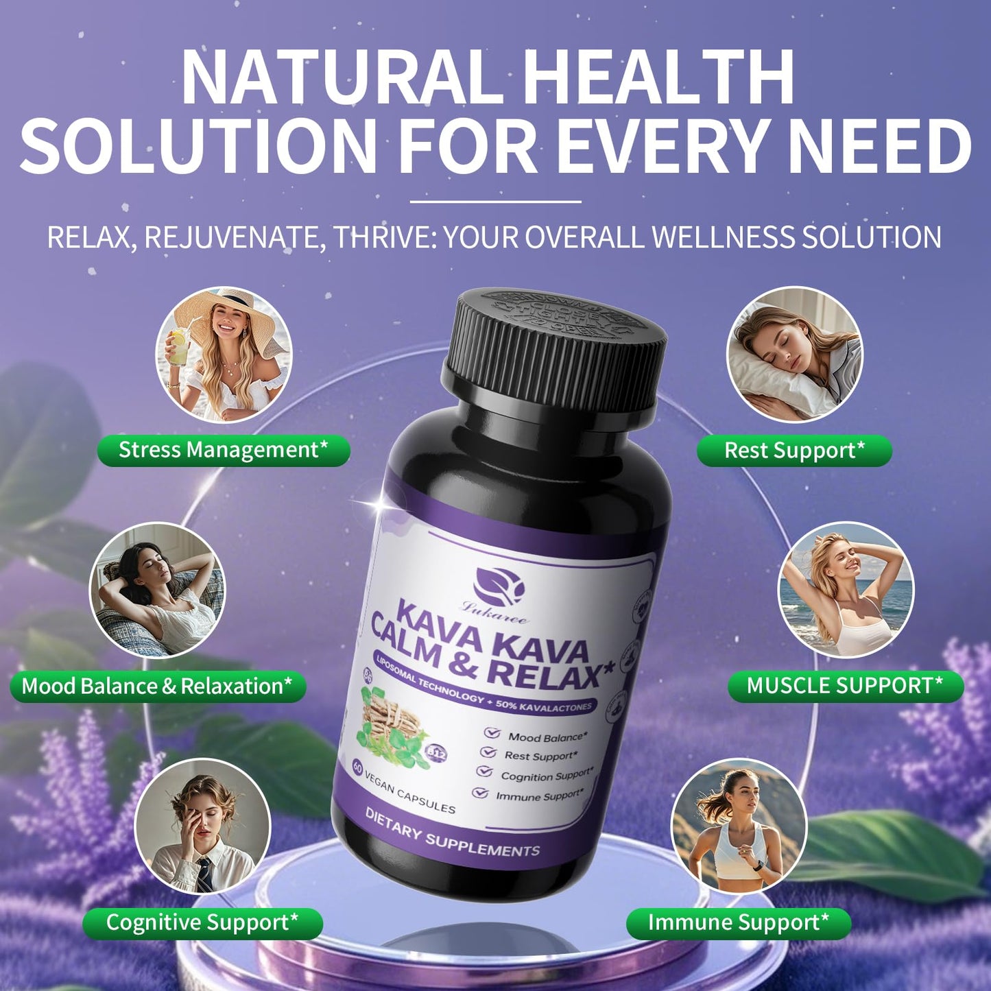 Lukaree Liposomal Kava Kava Root Extract with L-Theanine, Calm & Sleep, 60 Capsules