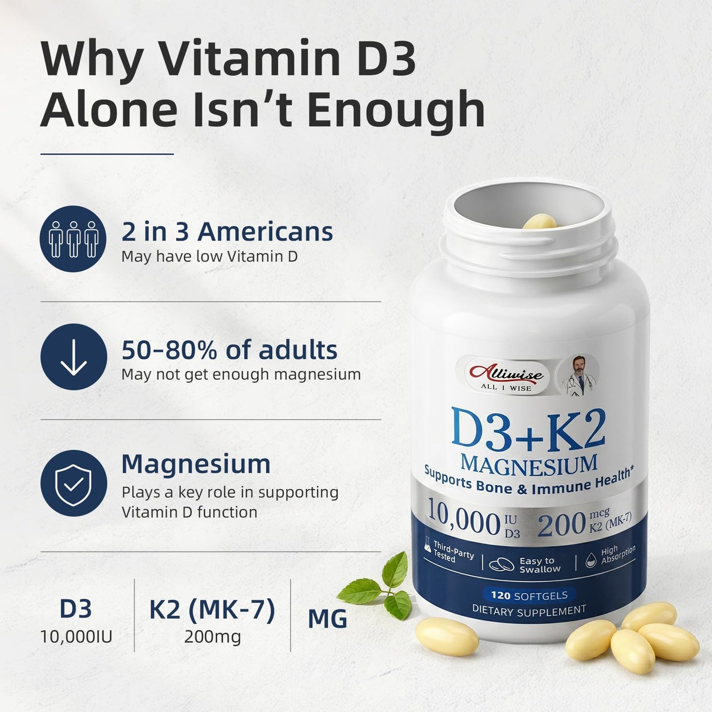 Alliwise D3 K2 Vitamin 10000 IU with Magnesium Complex Softgel 240 Count