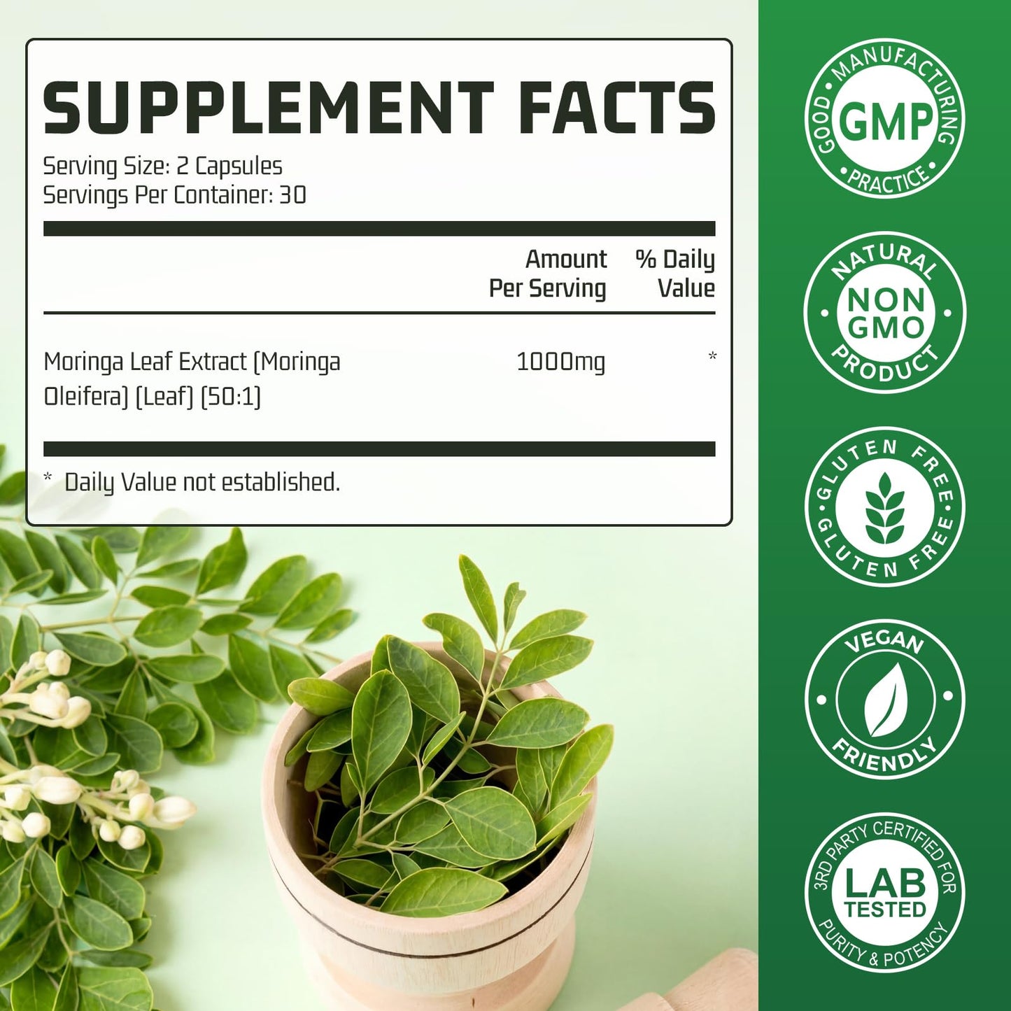 Nature Echo Moringa Oleifera Capsules 50:1 High Potency Extract, 60 Count