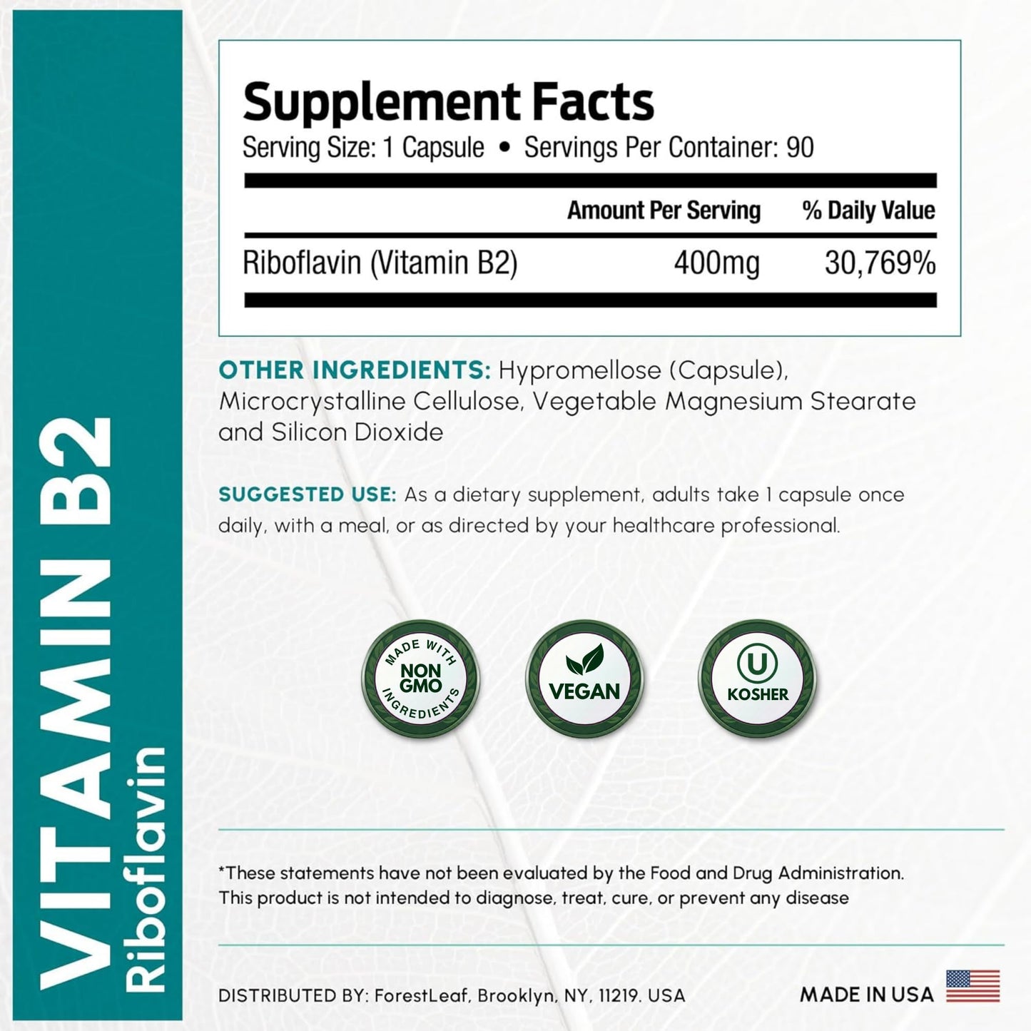 ForestLeaf Vitamin B2 Riboflavin 400mg Capsules, 90 Count