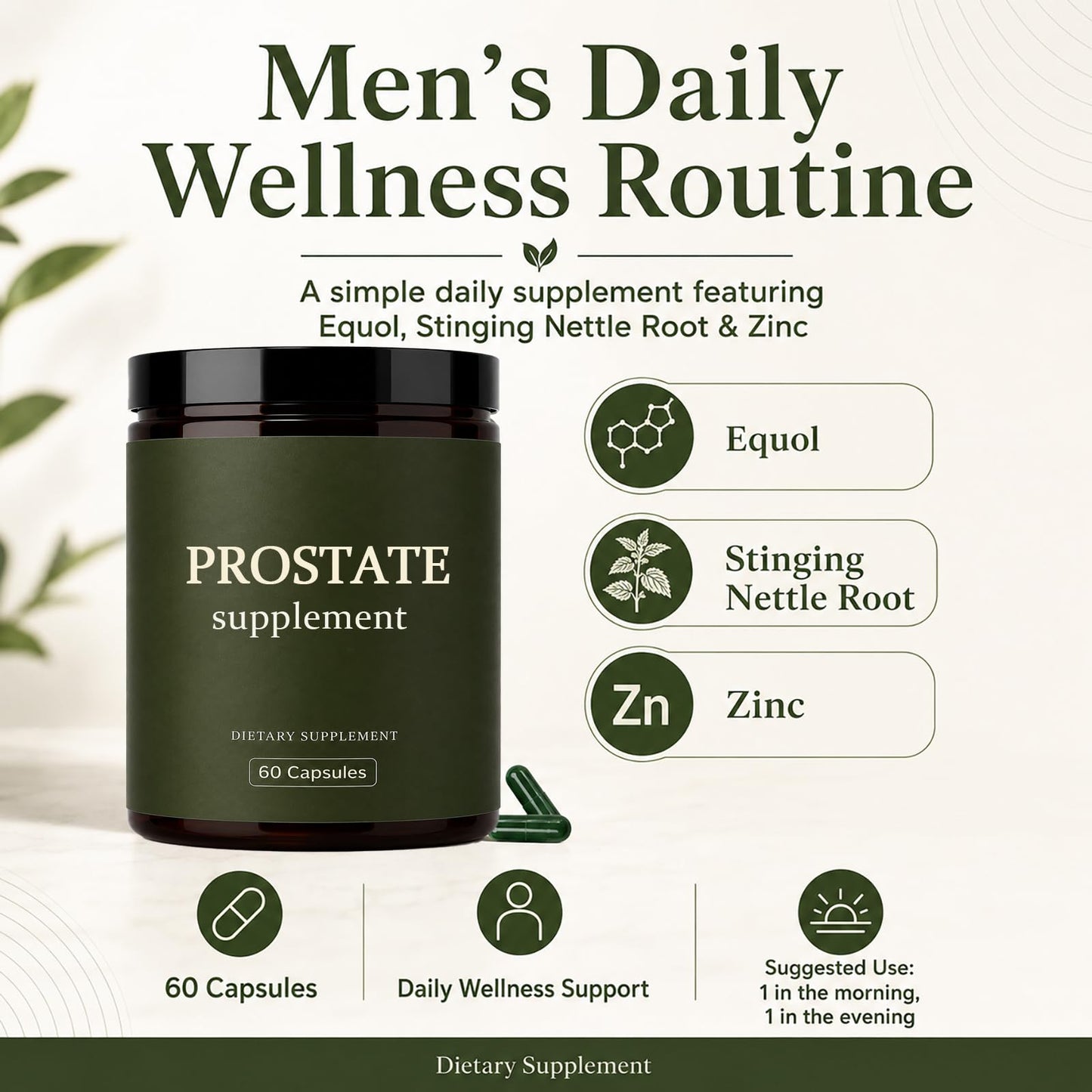 QUZOYU Prostate Supplement with Equol, Stinging Nettle Root & Zinc, 60 Capsules