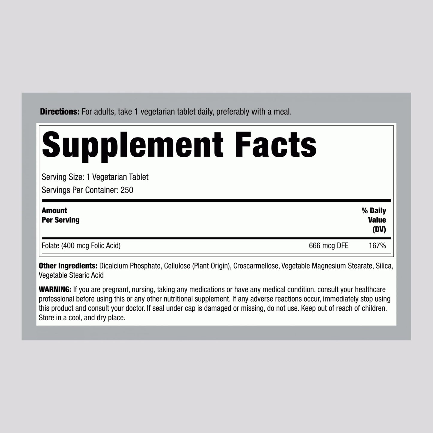 Piping Rock Folic Acid Tablets, 400mcg, 250 Count