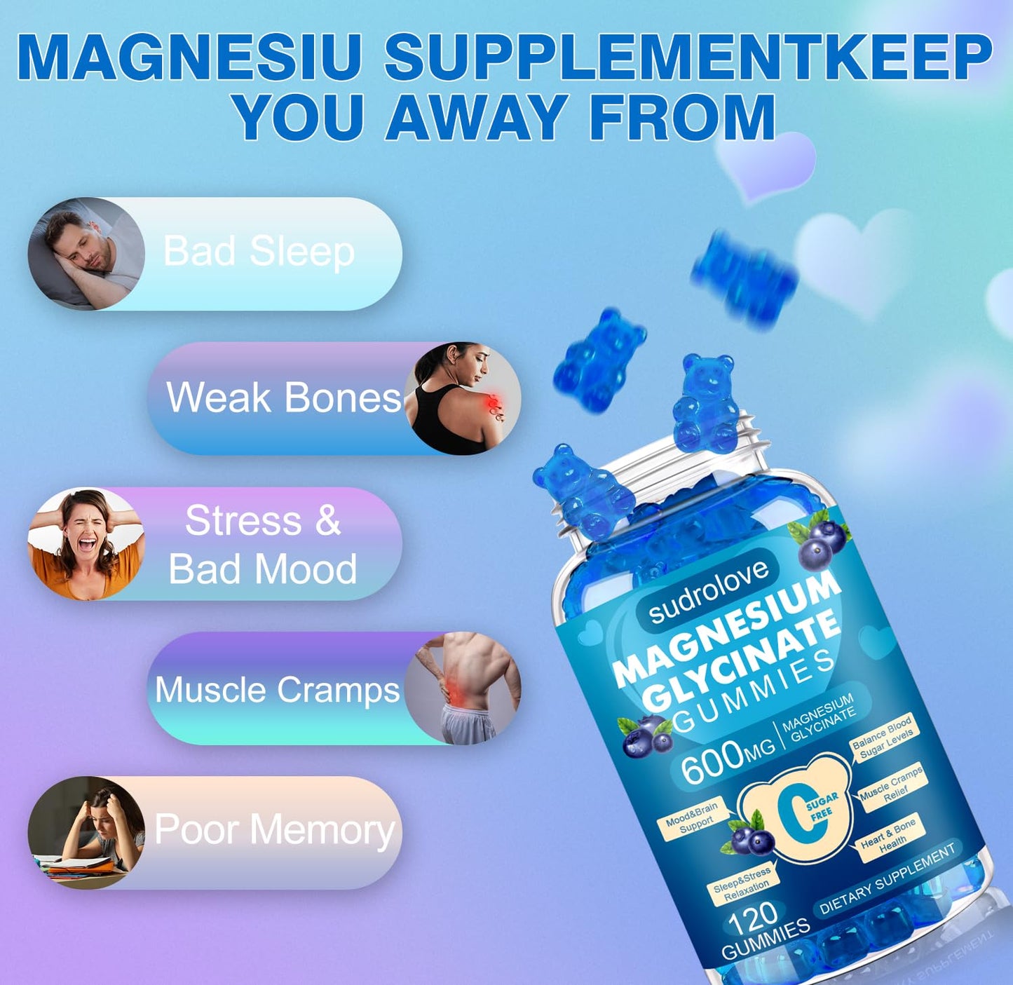sudrolove Magnesium Glycinate Gummies 600mg per Serving, 120 Count