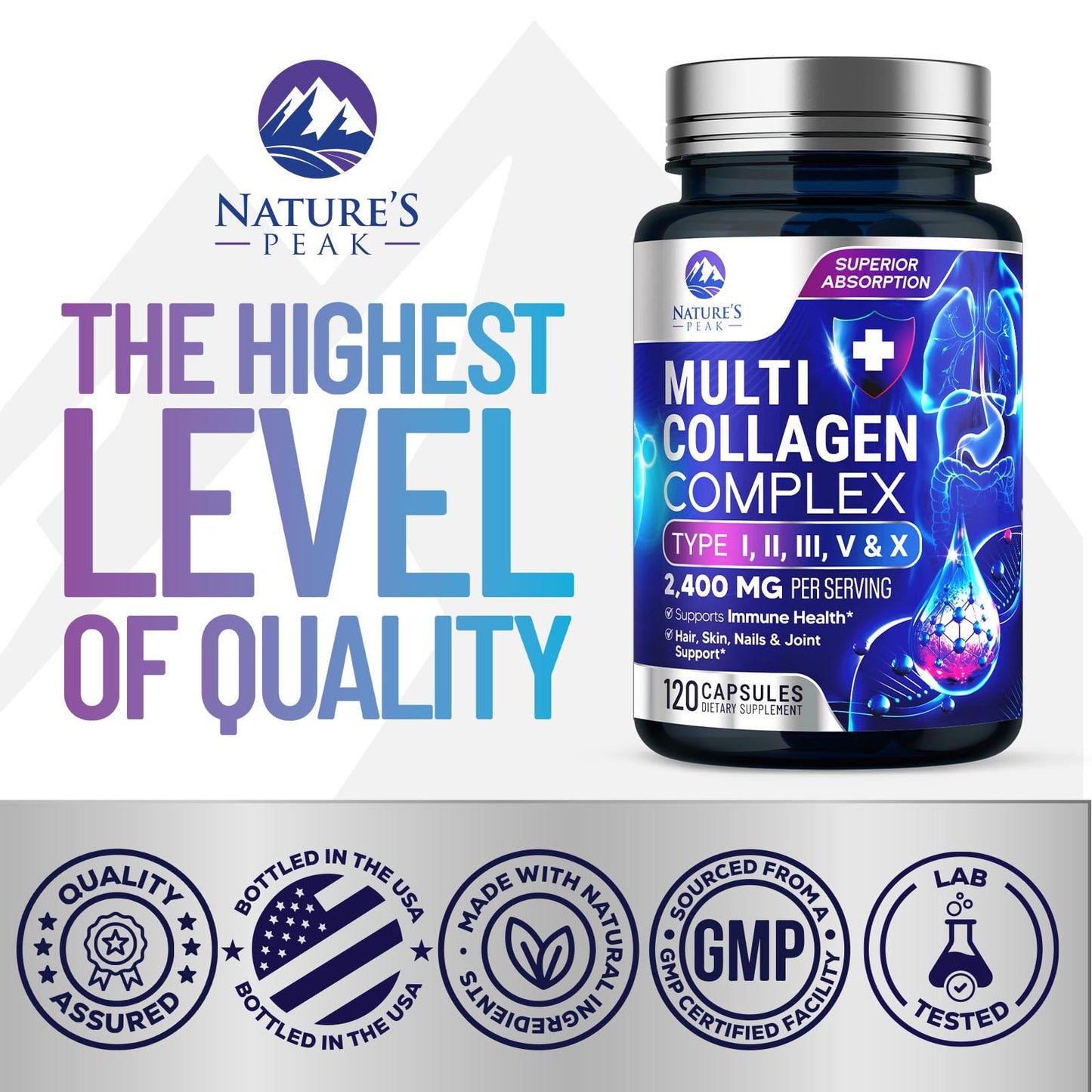 Nature's Peak Multi Collagen Peptides Supplement for Hair, Nail, Skin - Type I, II, III, V, X, Collagen Powder Pills - Grass-Fed, Hydrolyzed for Bone and Joint Support for Women & Men, Non-GMO, 120 Capsules
