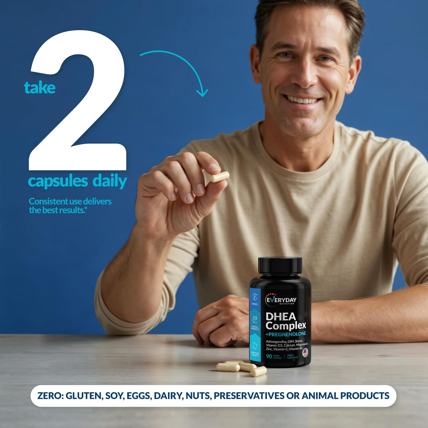 Everyday Nutrition DHEA Micronized 200mg Complex with Pregnenolone 100mg Hormone Support Capsules, 90 Count