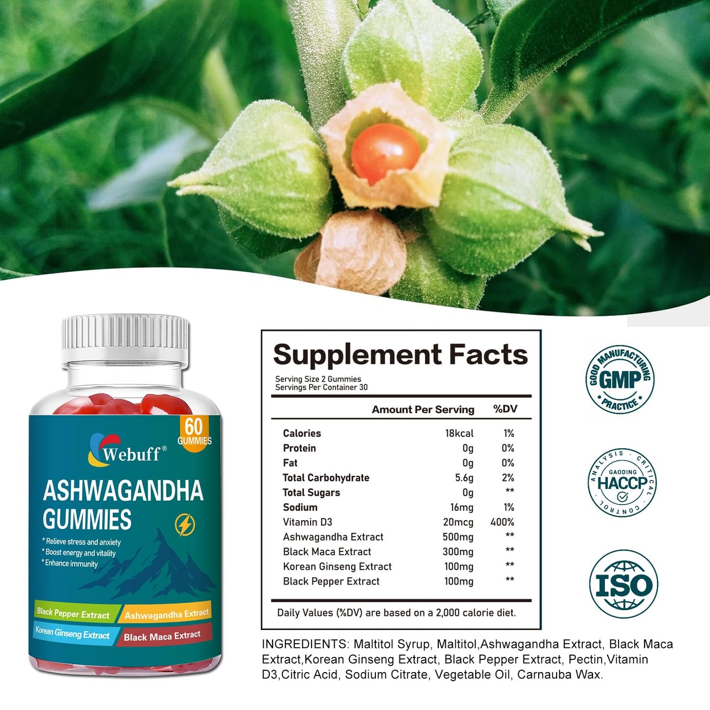 Webuff Ashwagandha Gummies with L-Theanine & Black Pepper Extract, 60 Count