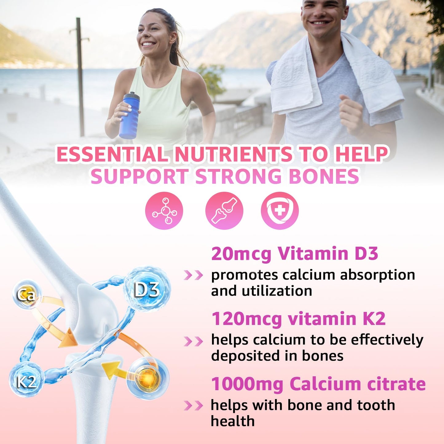 CMEDSTAR Chewable Calcium Citrate Gummies 1000mg with Vitamin D3 & K2, B6 & B12, Magnesium, Zinc for Bones, Muscles & Joints, Immunity & Memory Support, Sugar-Free, Gluten-Free, Vegetarian, Strawberry, 60 Count