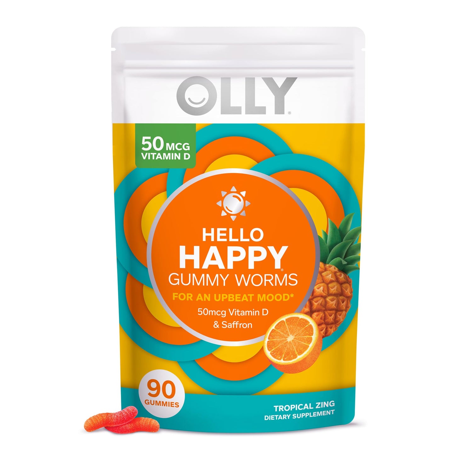 OLLY Hello Happy Gummy Worms Mood Support with Vitamin D and Saffron, Multivitamin Gummies, 210 Count