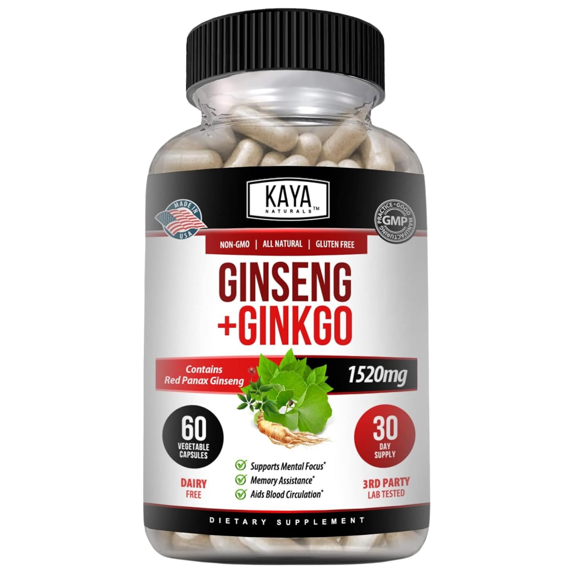 Kaya Naturals Red Panax Ginseng + Ginkgo Biloba Nootropic Brain Supplement Capsule, 60 Capsules