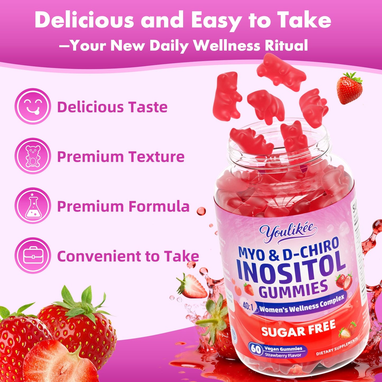 Youlikee Myo-Inositol & D-Chiro Inositol Gummies for Women, 60 Count