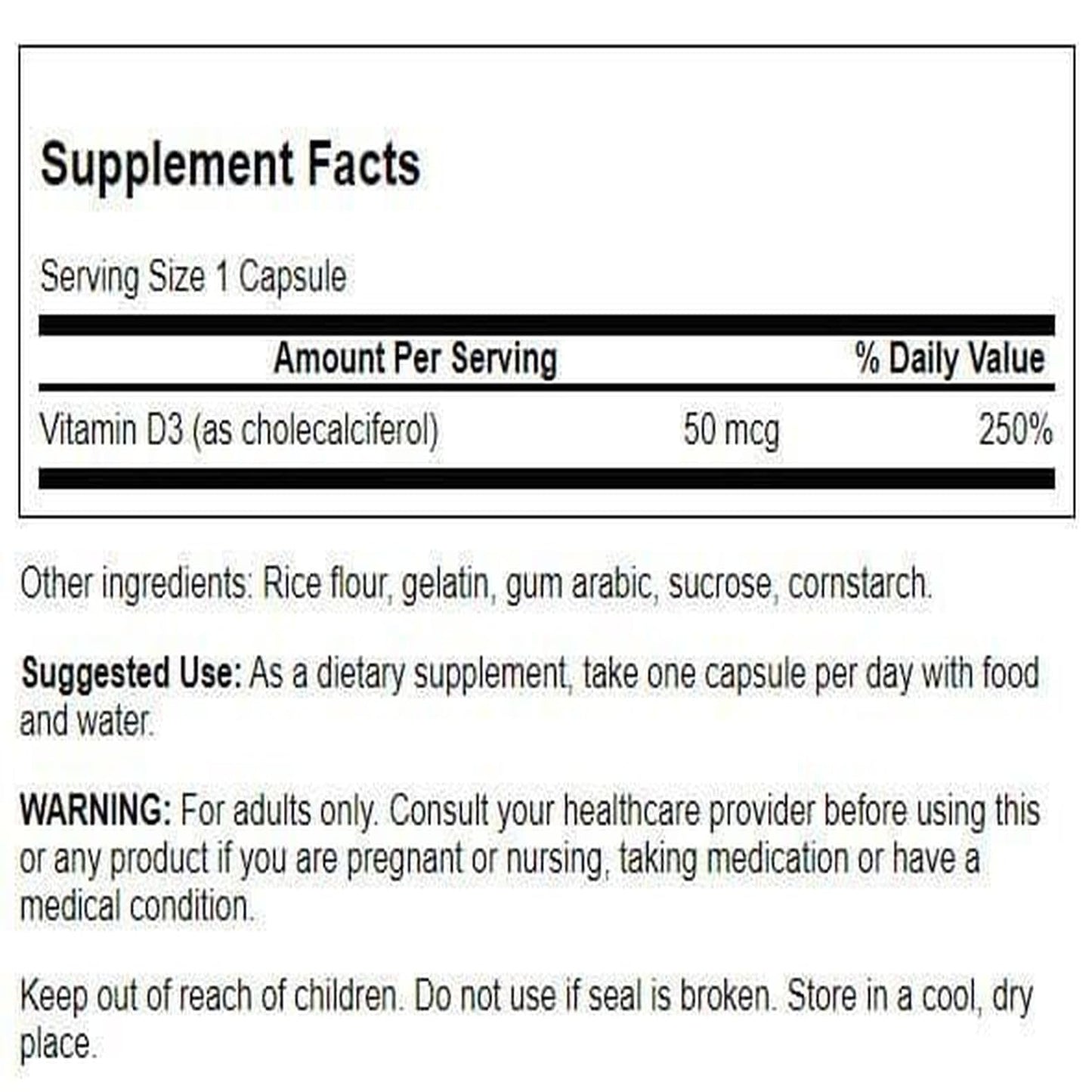 Swanson Vitamin D-3 2000 IU - Sunshine Vitamin Bone, Immune Support, 250 Capsules