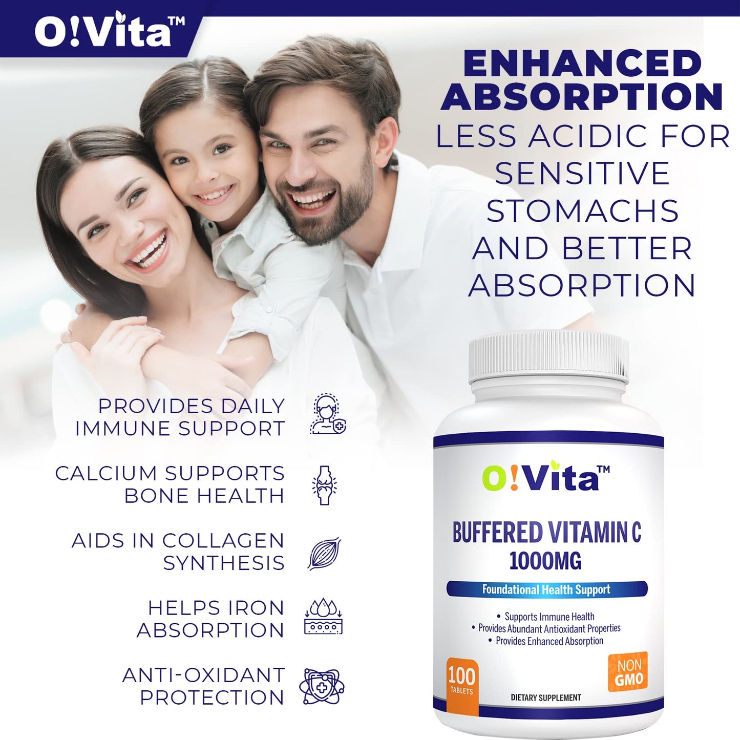 O!VITA Buffered Vitamin C 1000mg for Immune Health, Non-GMO Tablets, 100 Tablets