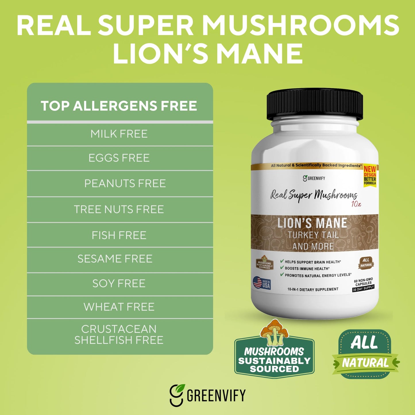 GREENVIFY Vitaloxin Max Super Mushroom Complex, 10-in-1 Adaptogen and Immune Support, 60 Capsules
