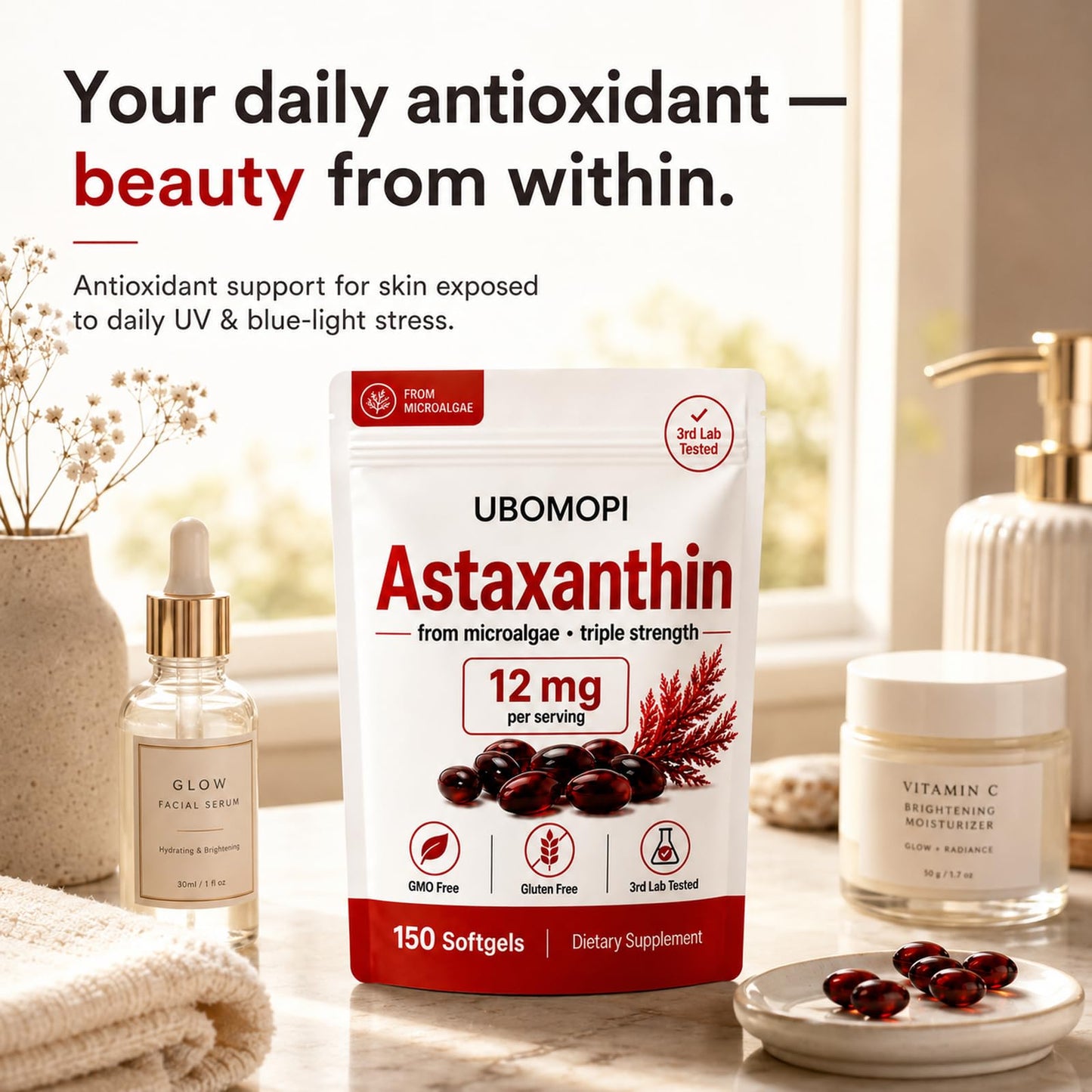 UBOMOPI NuvaPure Astaxanthin 12mg Antioxidant Supplement Softgels, 150 Softgels