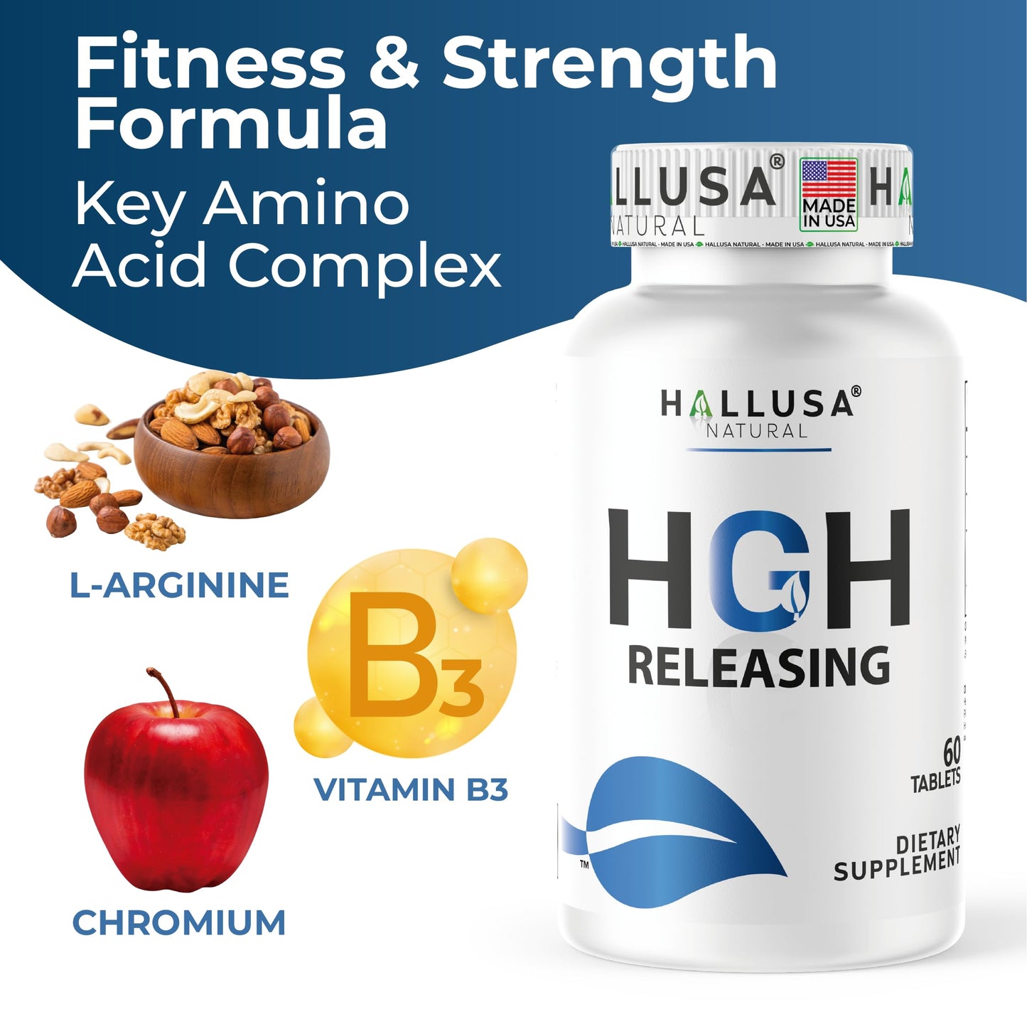 Hallusa Natural HGH-Releasing Support Supplement with L-Arginine & Ornithine, Nitric Oxide Support for Muscle Recovery, Energy & Performance, Amino Acid Complex with Vitamin B3 & Chromium, 60 Tablets