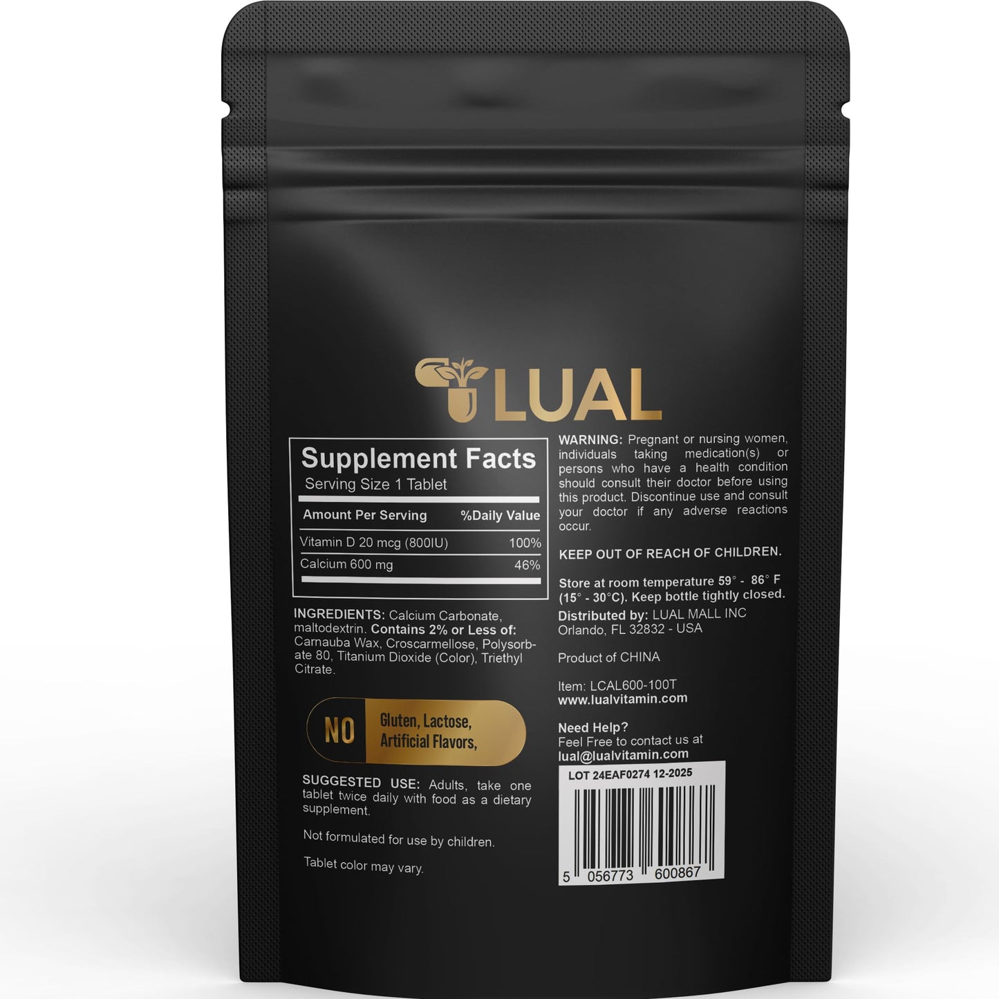 LUAL Calcium Bone Health Dietary Supplement Tablets, 600 mg, 100 Count