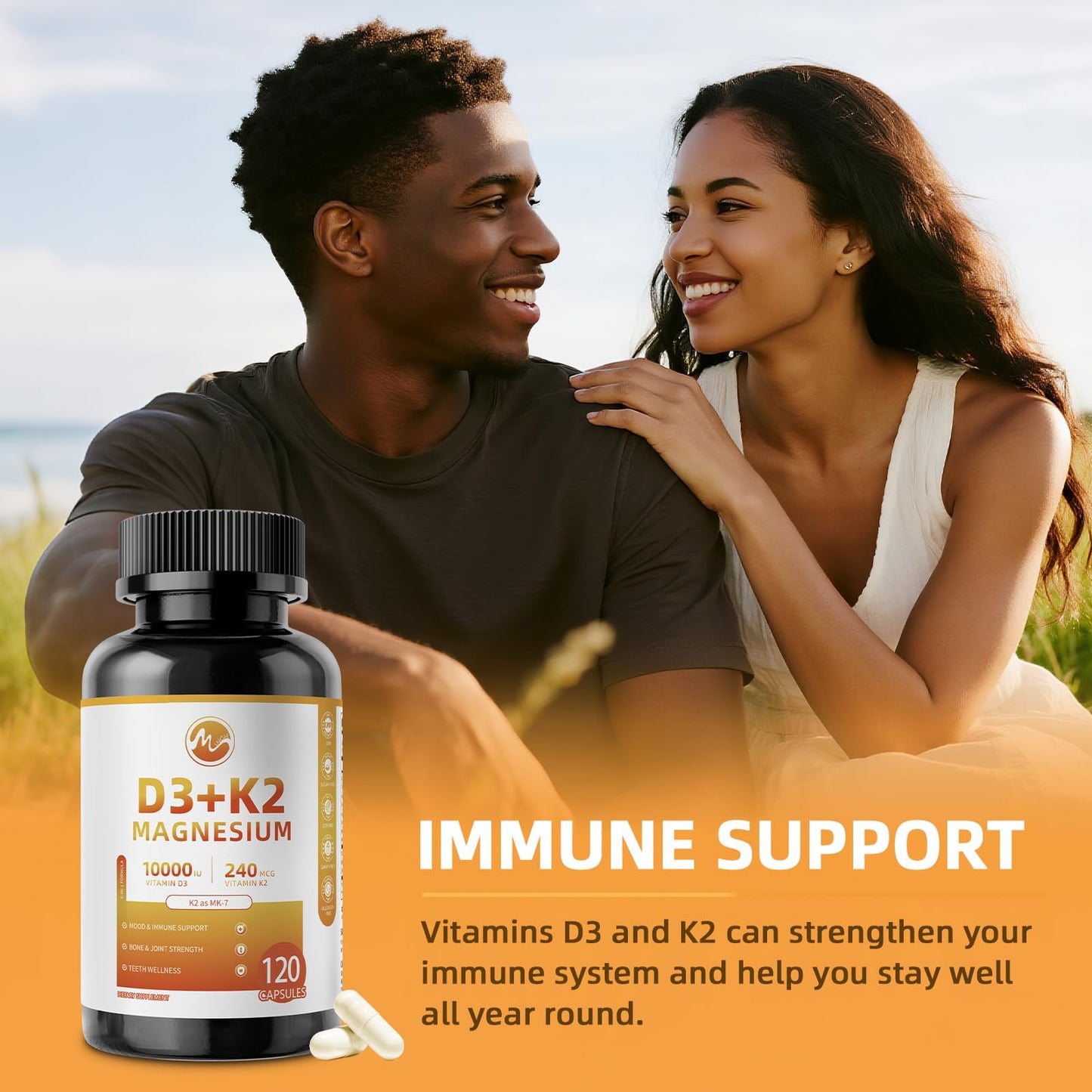 M inch Vitamin D3 K2 with Magnesium Vitamin D3 10000 IU, K2 MK-7 240 mcg Capsule, 120 Count