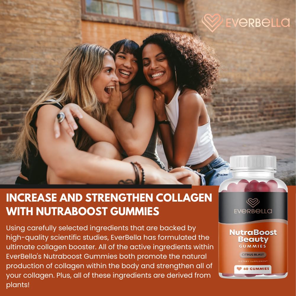 EVERBELLA Nutraboost Beauty Gummies, Biotin (Vitamin B7), Vegan Collagen Booster, Skin Hair & Nails, Vitamins A, E, C, Citrus Flavor, 60 Gummies