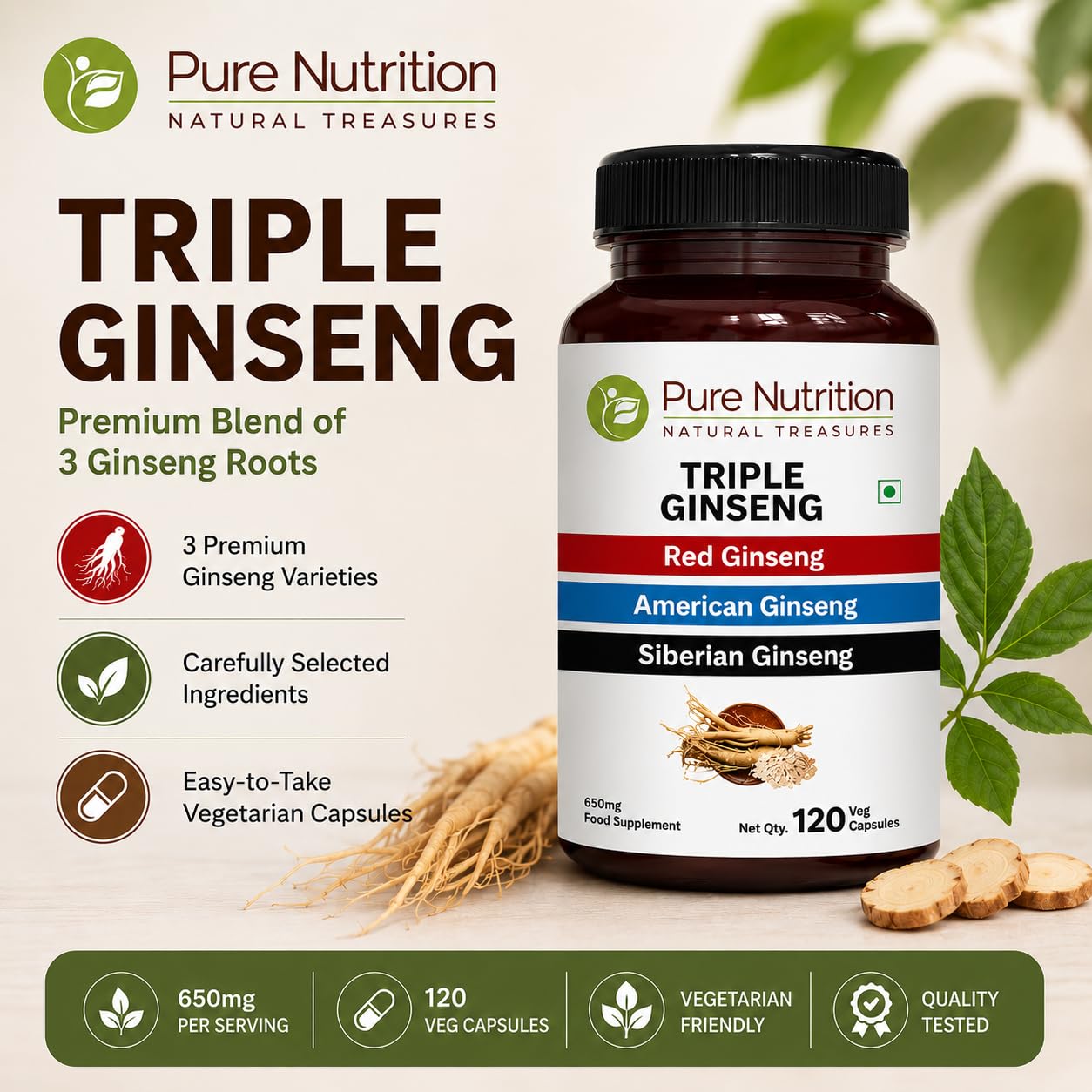 PURE NUTRITION NATURAL TREASURES Triple Ginseng 650mg Capsules, 120 Count