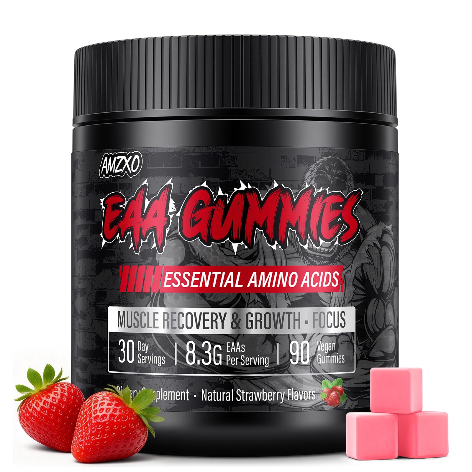 AMZXO EAA Gummies 2:1:1 BCAA Formula (8300mg) - Essential Amino Acids for Muscle Recovery & Endurance - Strawberry - 90 Count