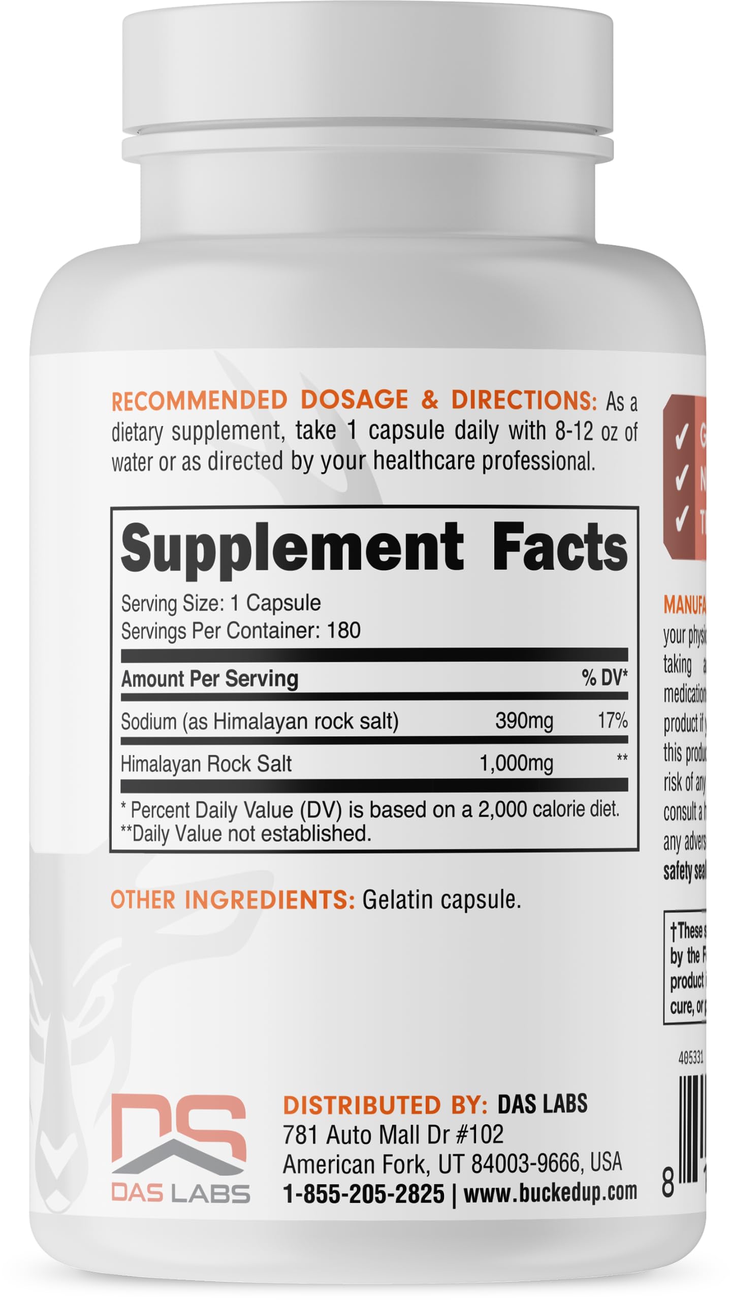 Bucked Up Himalayan Salt 1000mg Capsules, 180 Count