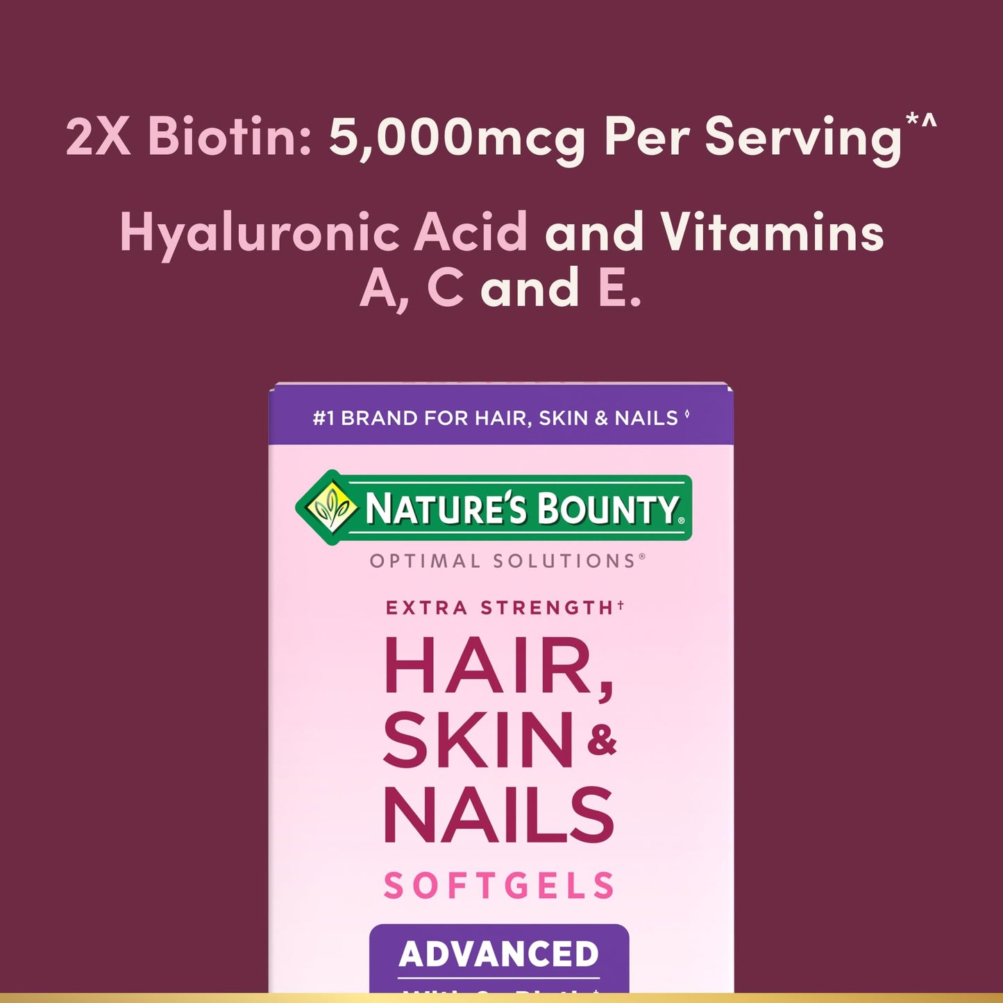 Nature's Bounty Advanced Hair, Skin & Nails, Argan-Infused Vitamin Supplement with Biotin and Hyaluronic Acid Softgels, 150 Count