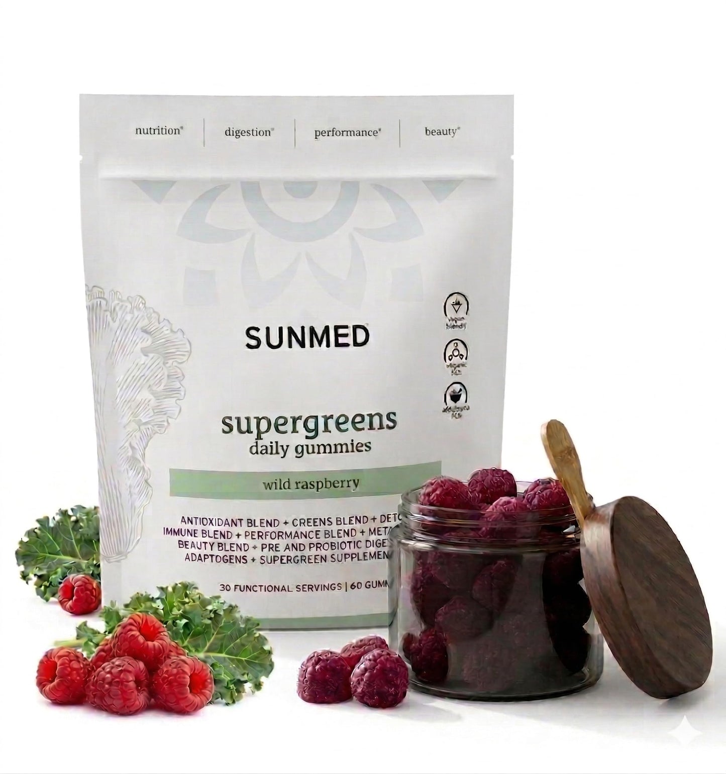 SUNMED Supergreens Daily Gummies Wellness Blend with Ashwagandha, Green Tea, Spirulina, Probiotics, Antioxidants & Detox Support for Immunity, Gut, Skin & Brain Health, Wild Raspberry, 60 Count