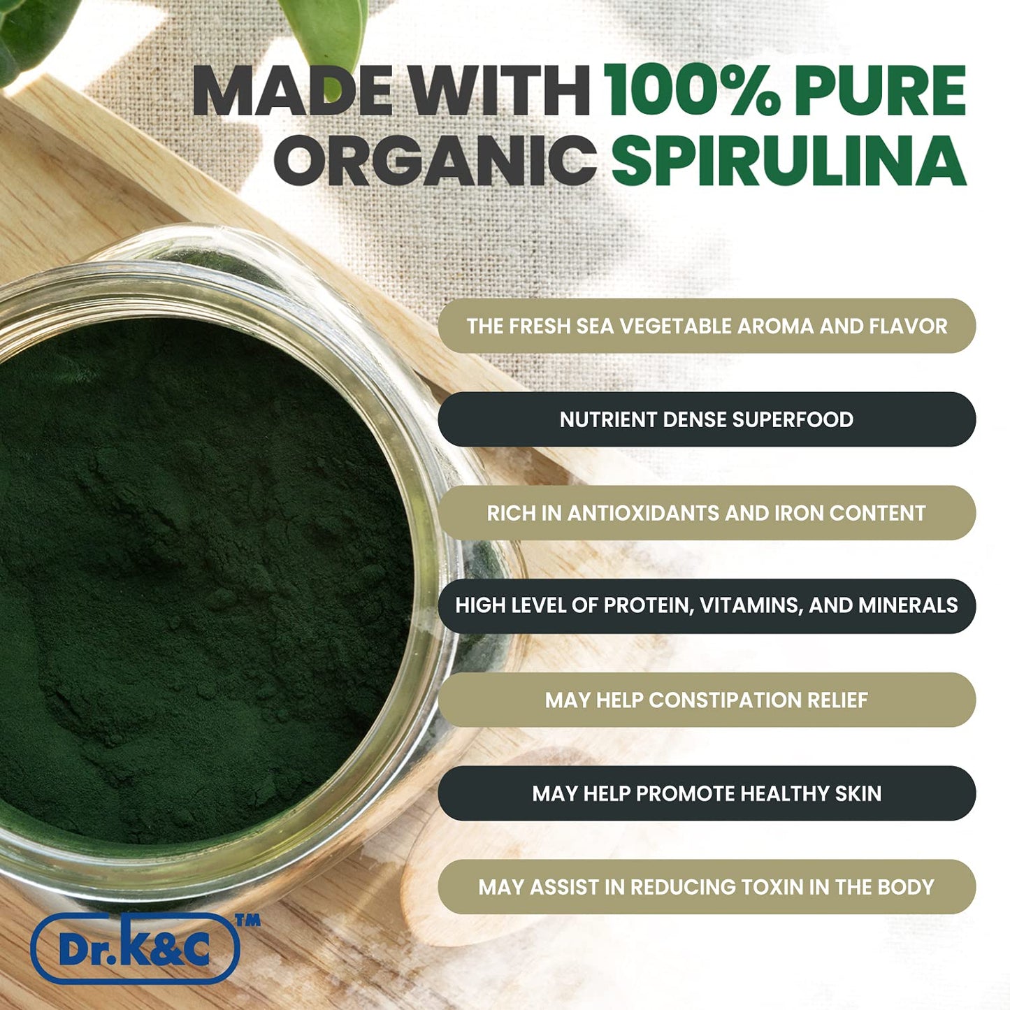 Dr.K&C Organic Spirulina Capsules, 360 Count