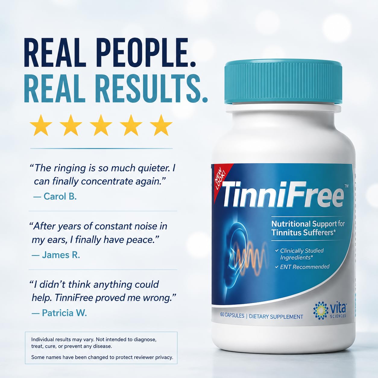 Vita Sciences TinniFree Ear & Hearing Support Supplement with B12 & Magnesium, 60 Capsules
