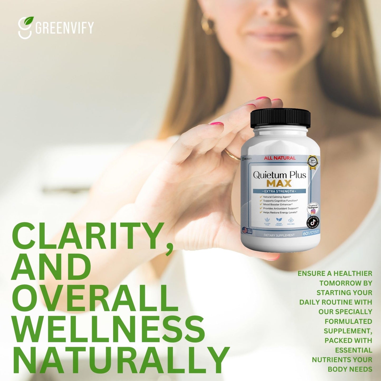 GREENVIFY Quietum Plus Max Ear Health Supplement, Natural Tinnitus Support and Inner Ear Formula, 60 Capsules