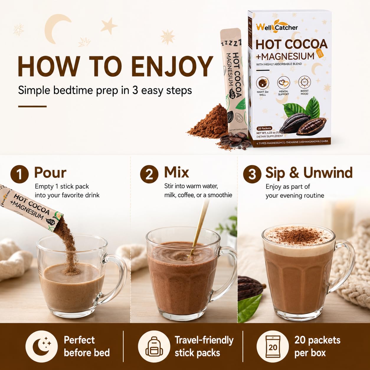 Wellcatcher Nighttime Sleep Hot Cocoa with Magnesium Powder, 4.23 oz