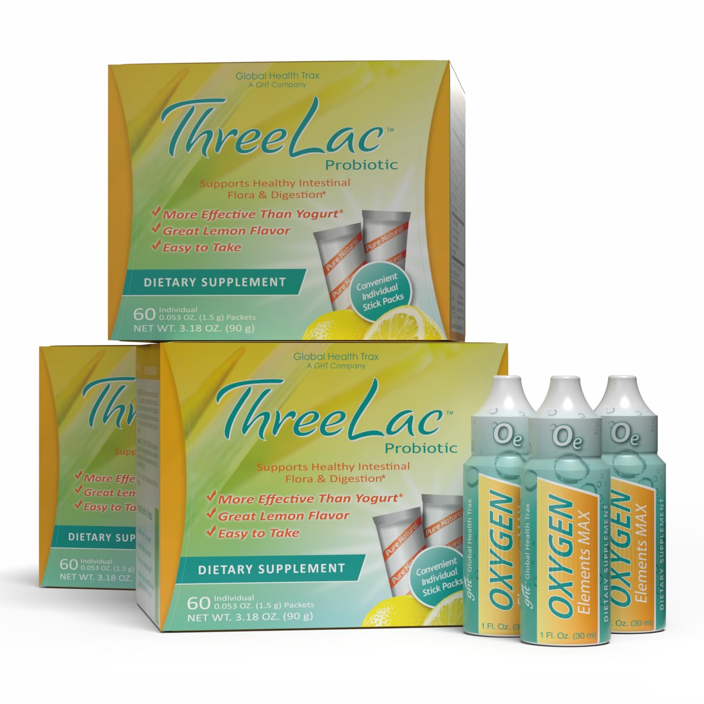 GHT Global Health Trax ThreeLac Lemon Probiotic Powder & Oxygen Elements Max Drops, Capsule, 3-Pack